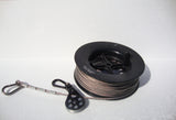 USED SURPLUS MIL-SPEC 108FT REEL OF STAINLESS STEEL 3/16" GUY CABLE WITH PULLEY + SPRING CLIPS